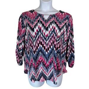 Boho Ikat Top Sz L Pink Blue 3/4 Ruched Sleeve Keyhole Modern Contemporary